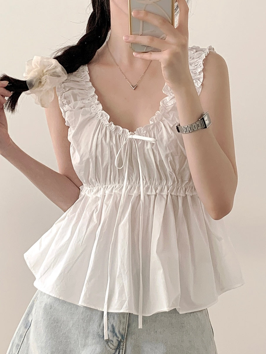 Plain frill bustier flare blouse