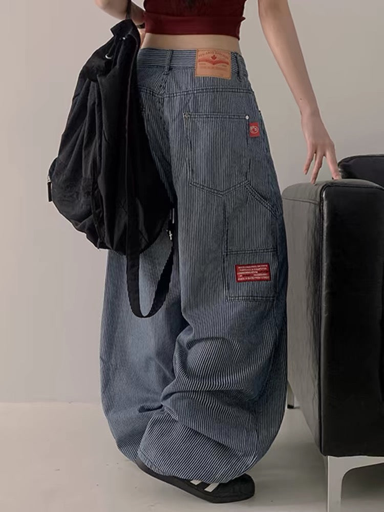 韓製字母標籤條紋彎刀褲