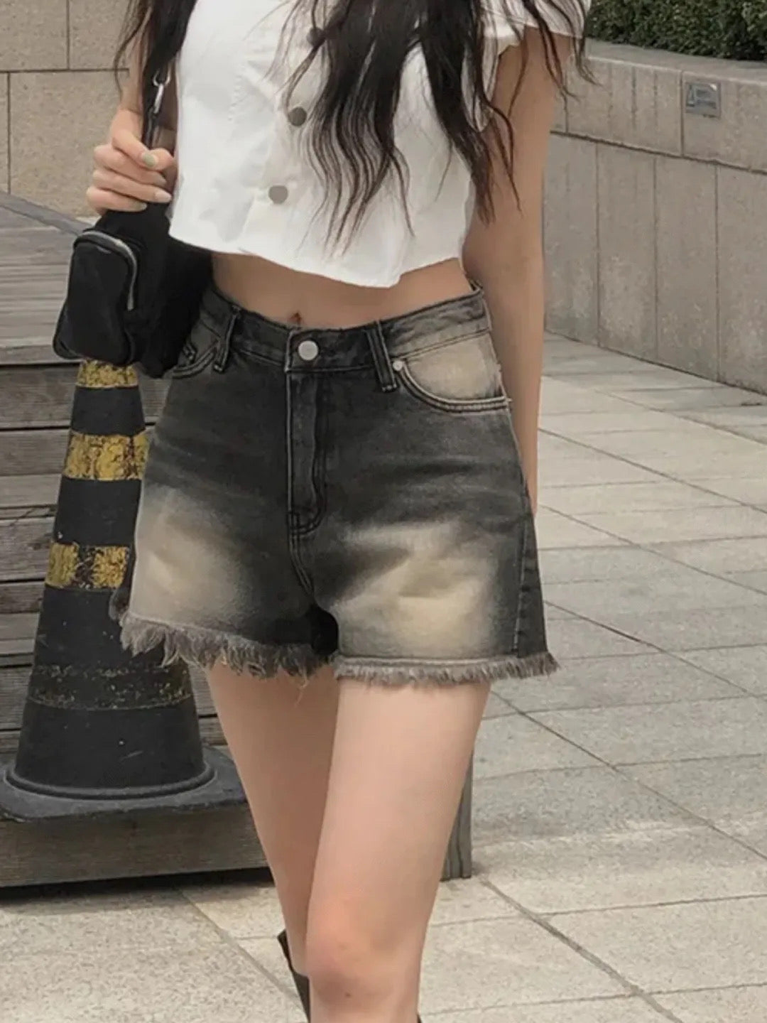 洗水高腰流蘇邊短褲