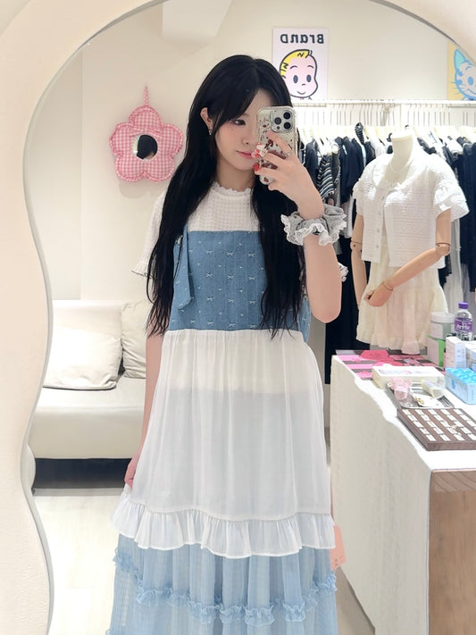 蝴蝶結牛仔拼接背心套裝
