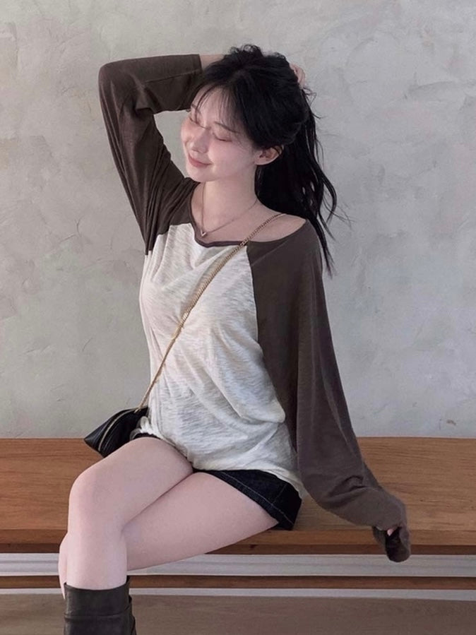 夏天OK~拼色單肩長袖Tee