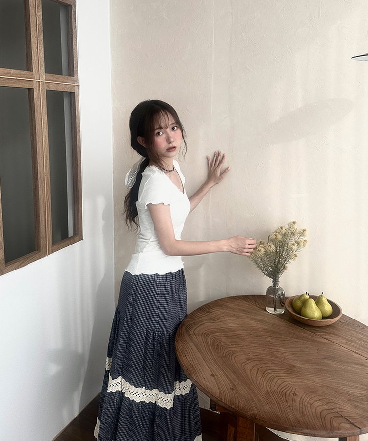 蕾絲格紋層疊式長裙