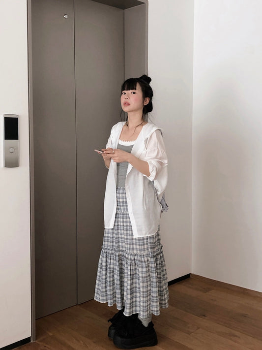 鬆緊腰格紋花邊長裙