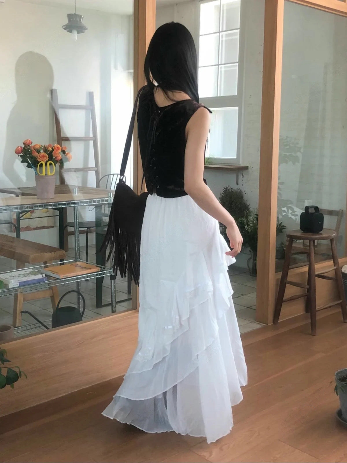 高品質⸜♡⸝斜擺蕾絲鬆緊腰長裙