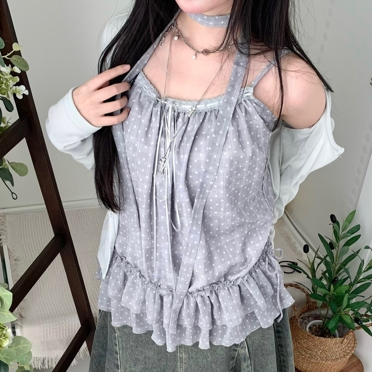 波點莎莎綁帶背心+外套Set
