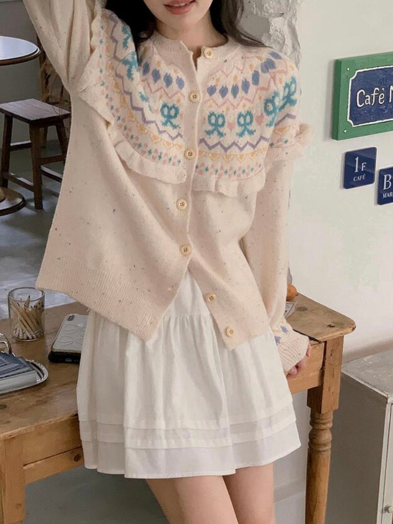 Frill ribbon nordic cardigan