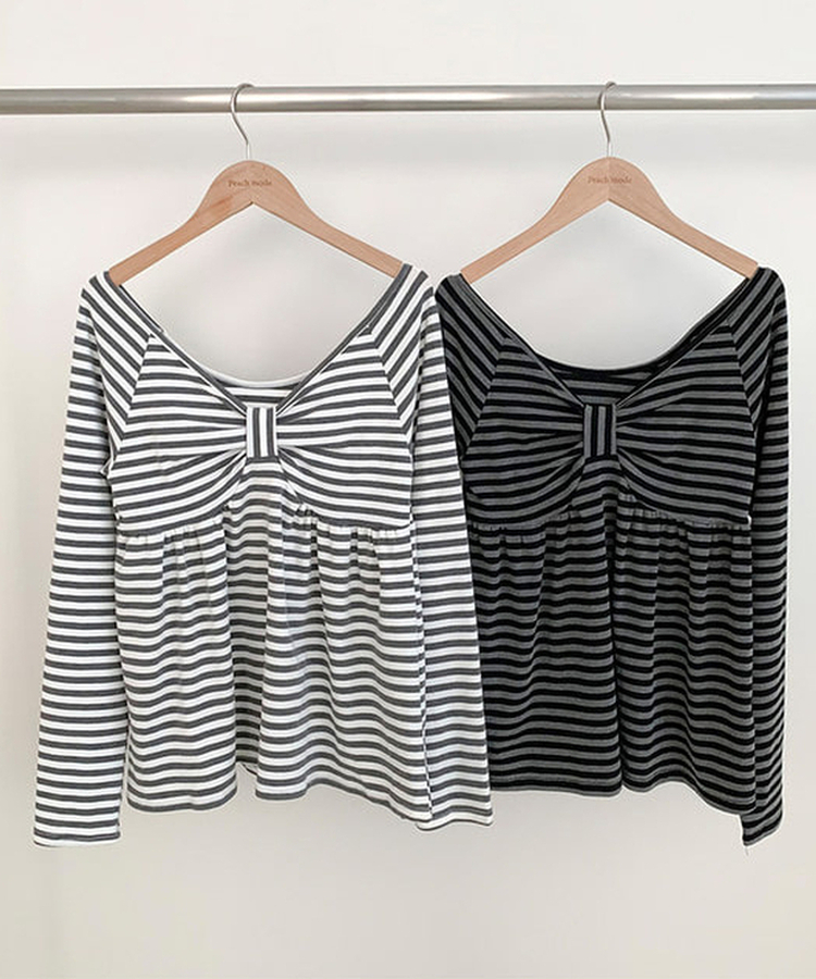 蝴蝶結間條V領上衣