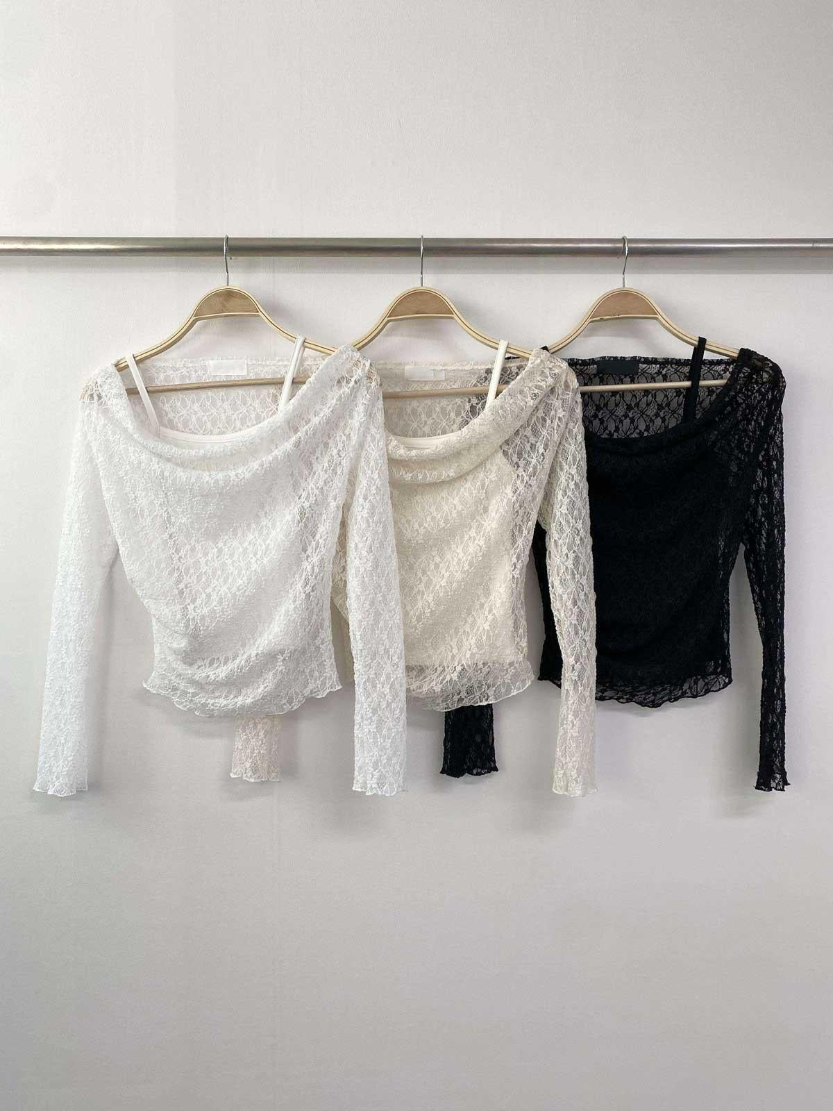 蕾絲一字肩上衣+小背心Set