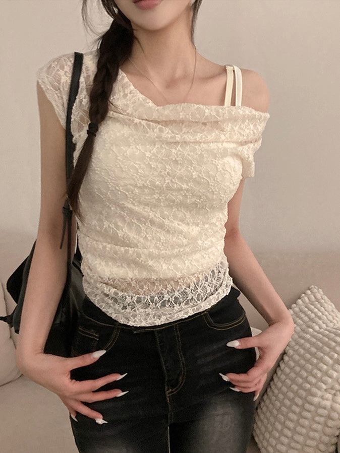 蕾絲皺摺上衣+小背心Set