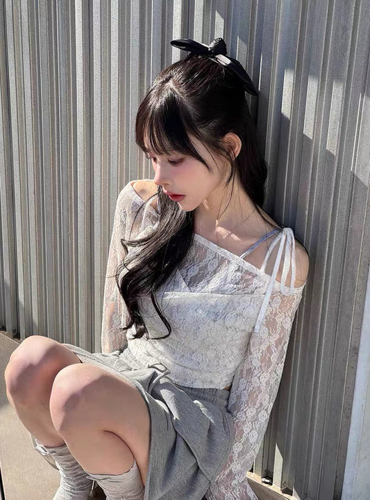 韓系蕾絲綁帶透膚上衣