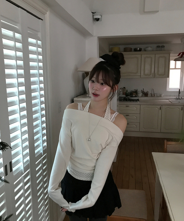 假兩件波點掛頸上衣