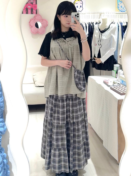 格紋寬鬆背心+格仔蛋糕裙套裝
