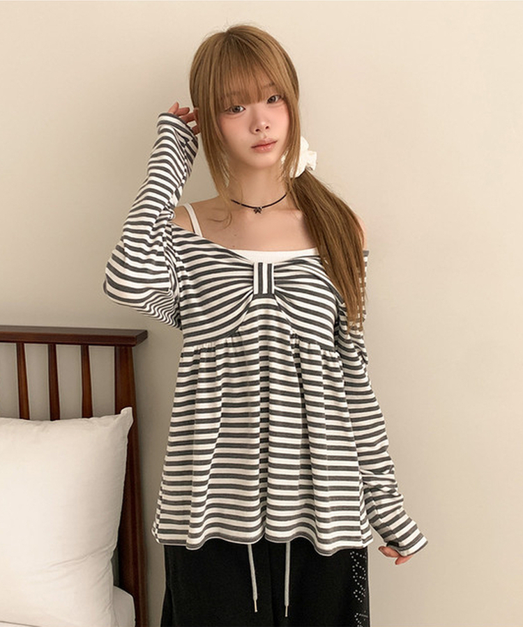 蝴蝶結間條V領上衣