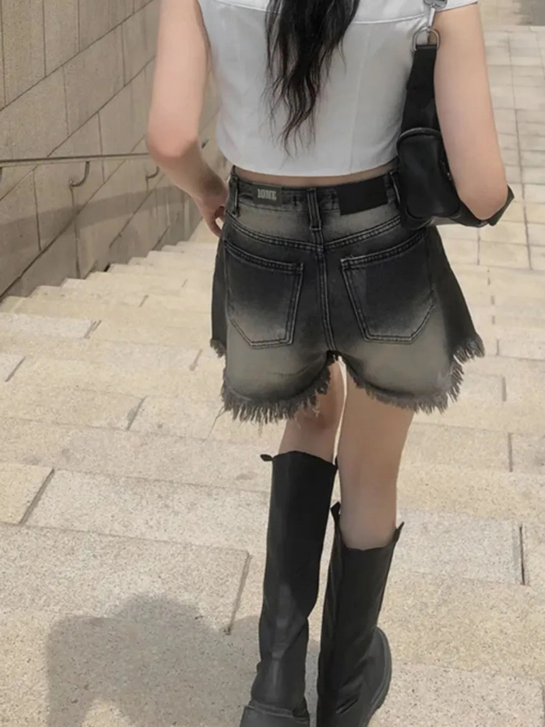 洗水高腰流蘇邊短褲