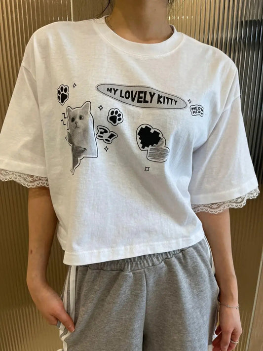 Y2K貓貓花邊Crop tee