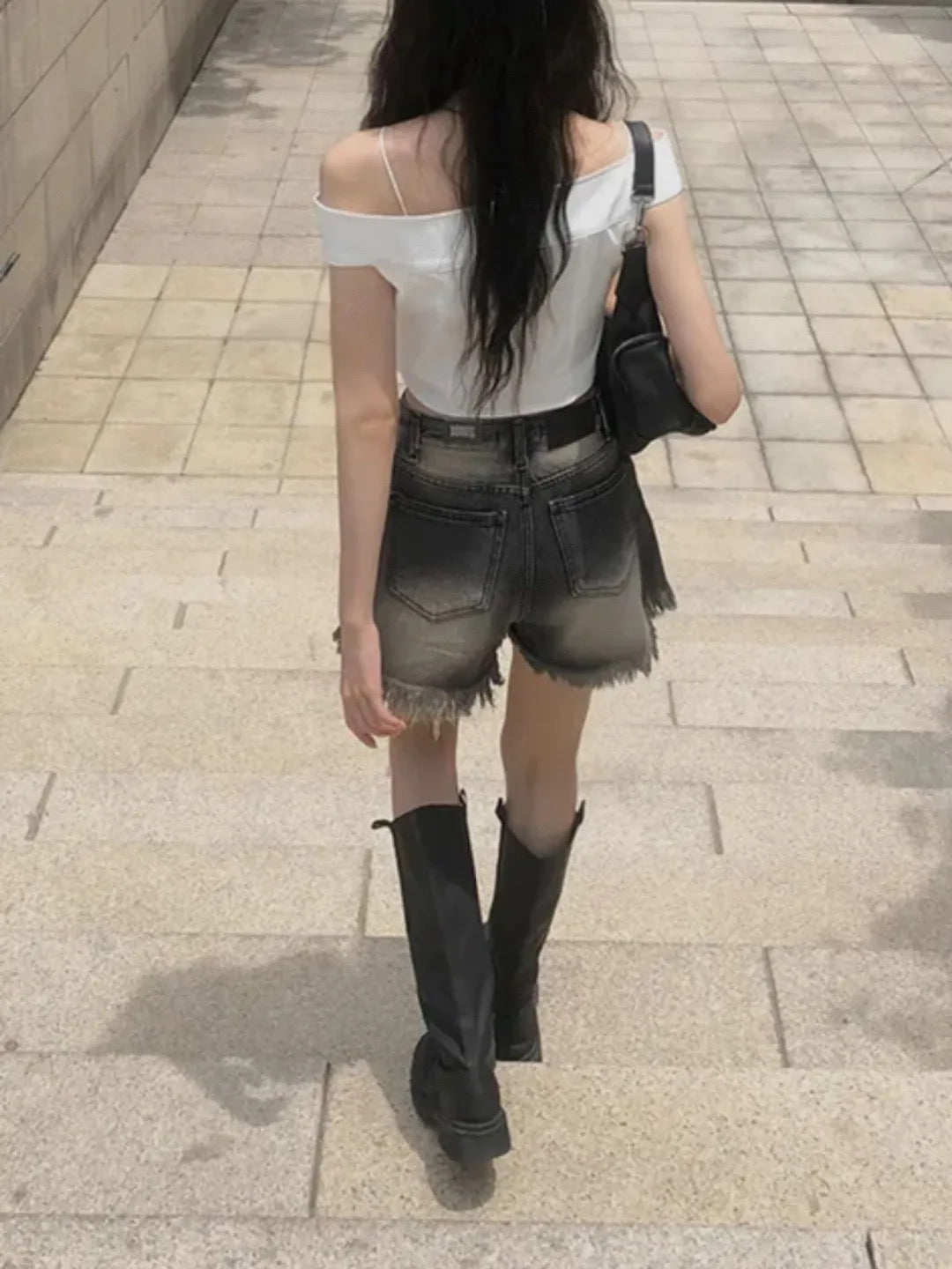 洗水高腰流蘇邊短褲