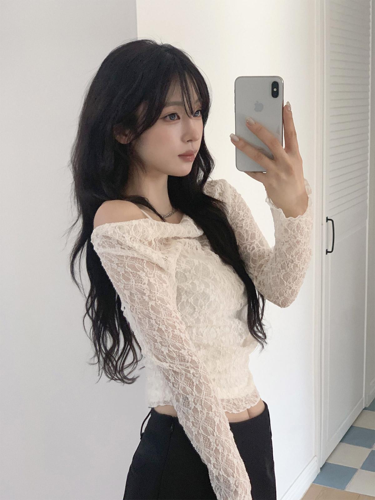 蕾絲一字肩上衣+小背心Set