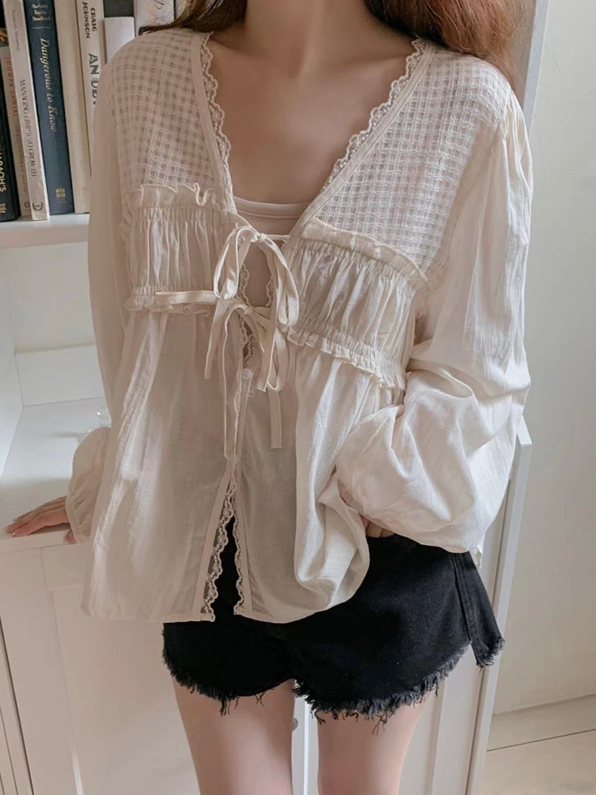 格紋rufile花邊透薄blouse