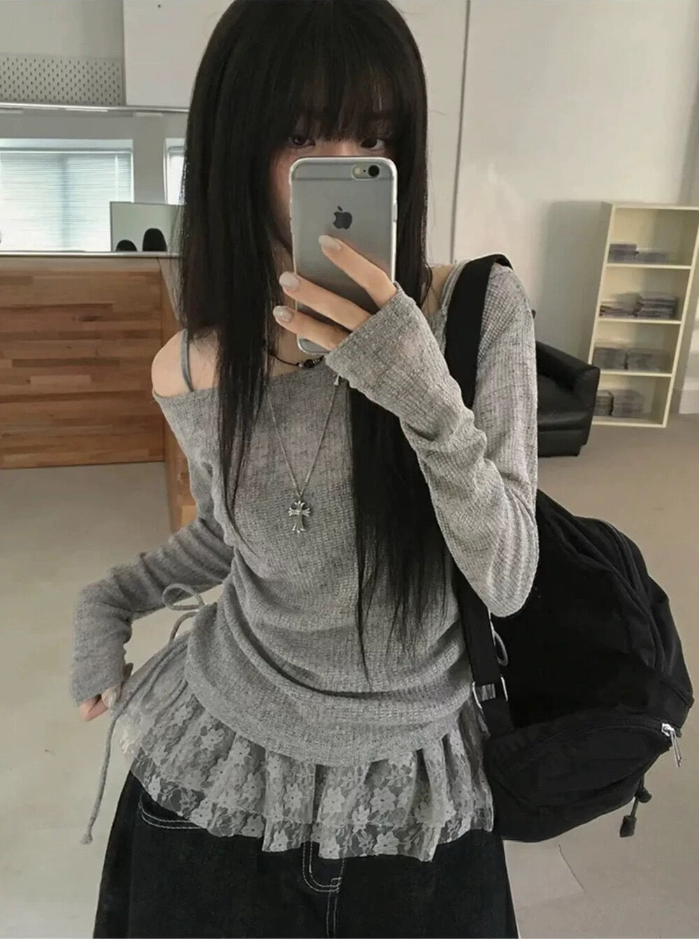 蕾絲小背心+側抽繩上衣Set