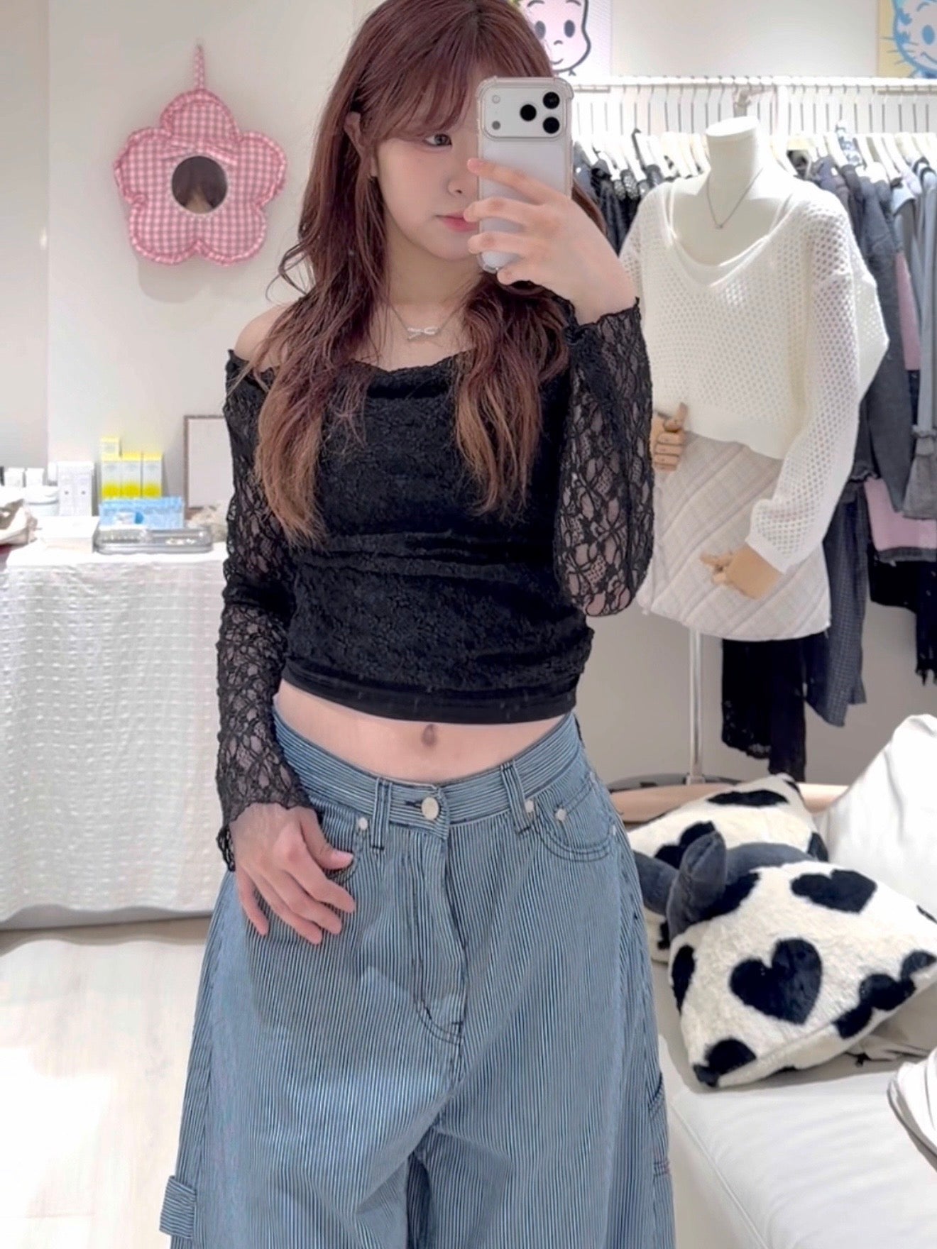 韓製字母標籤條紋彎刀褲