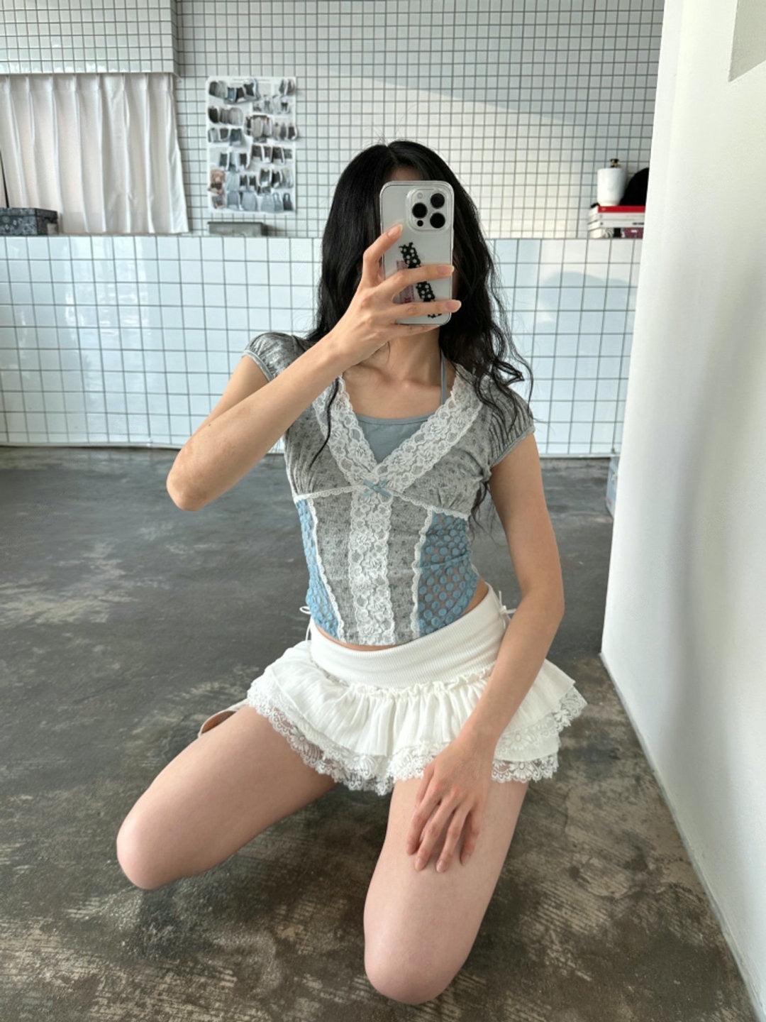 假兩件碎花拼接Top