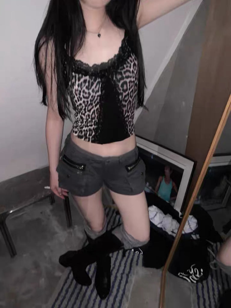 豹紋接拼蕾絲邊背心