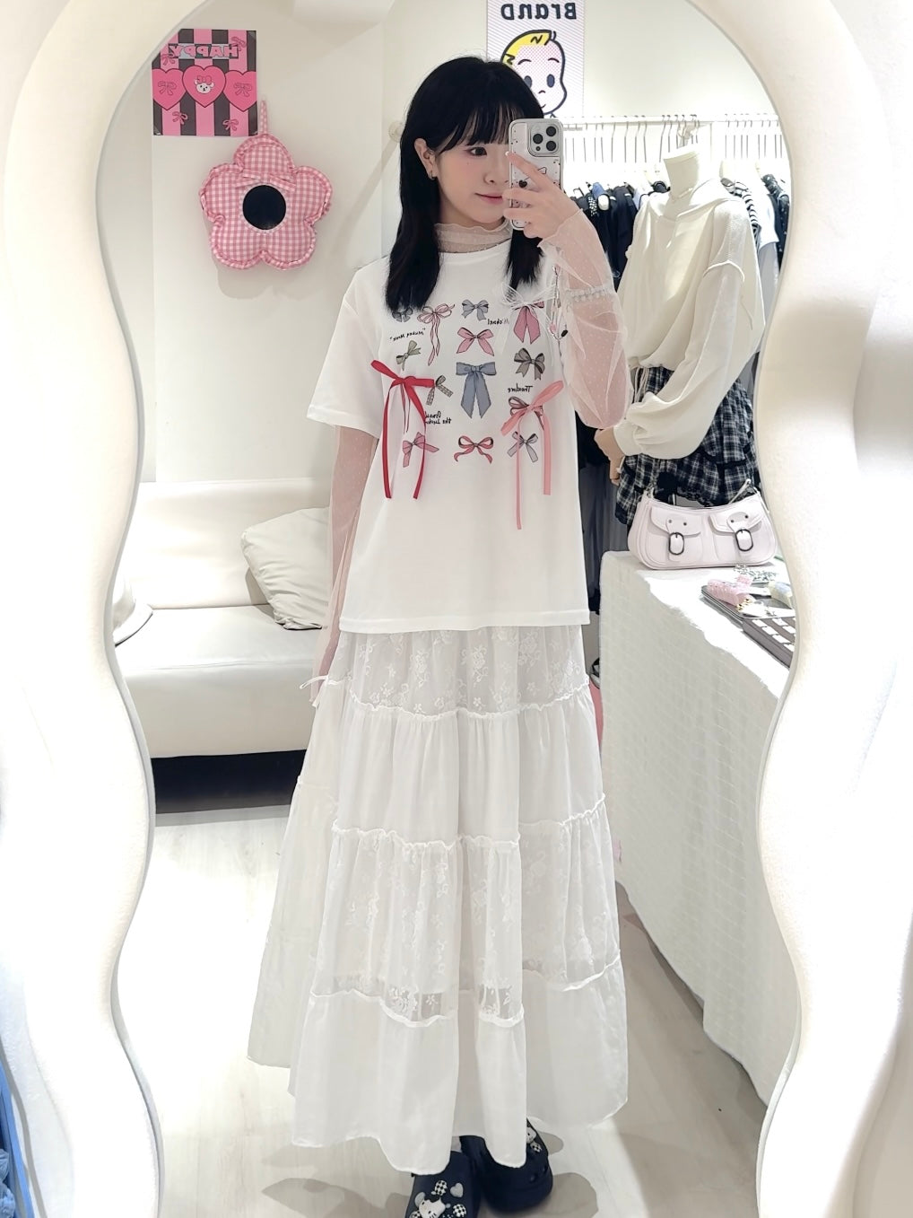 蝴蝶結Tee+絕美蕾絲拼接裙套裝