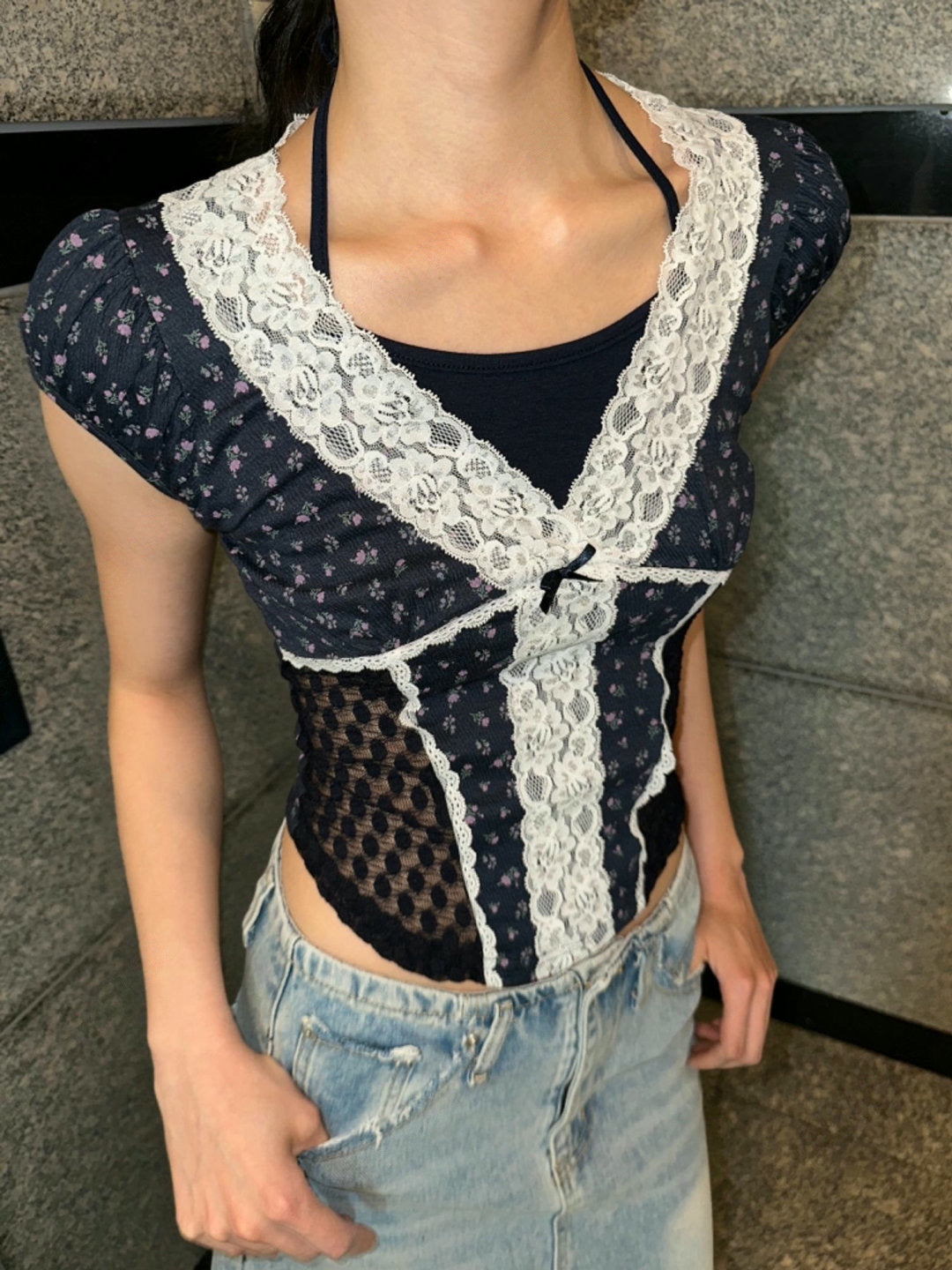 假兩件碎花拼接Top