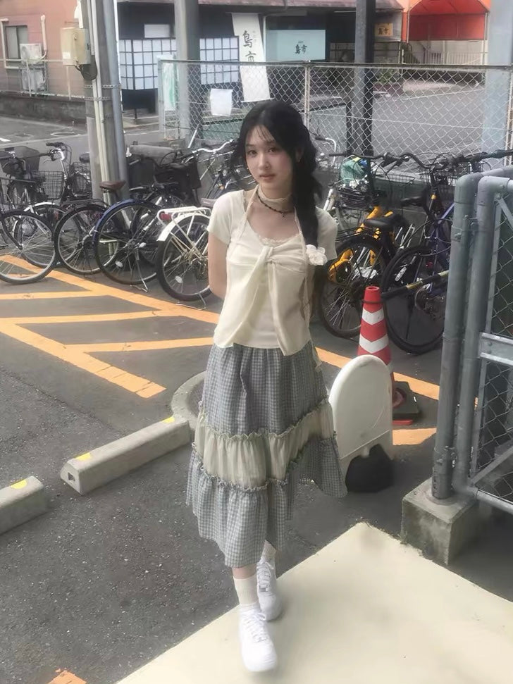 格紋拼接橡筋腰半裙