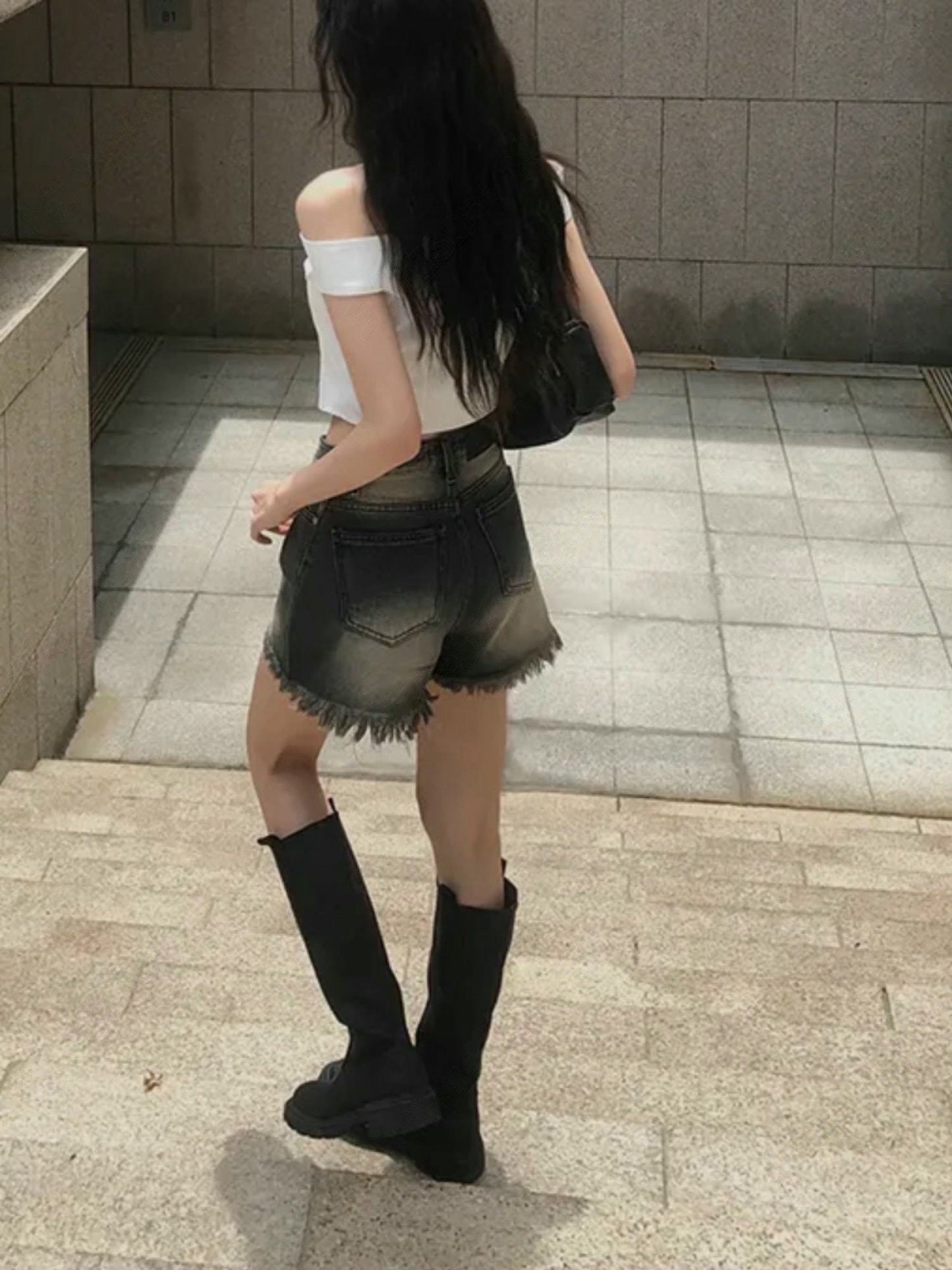 洗水高腰流蘇邊短褲