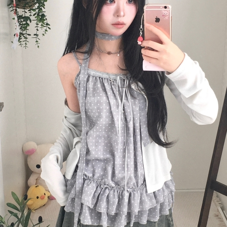 波點莎莎綁帶背心+外套Set