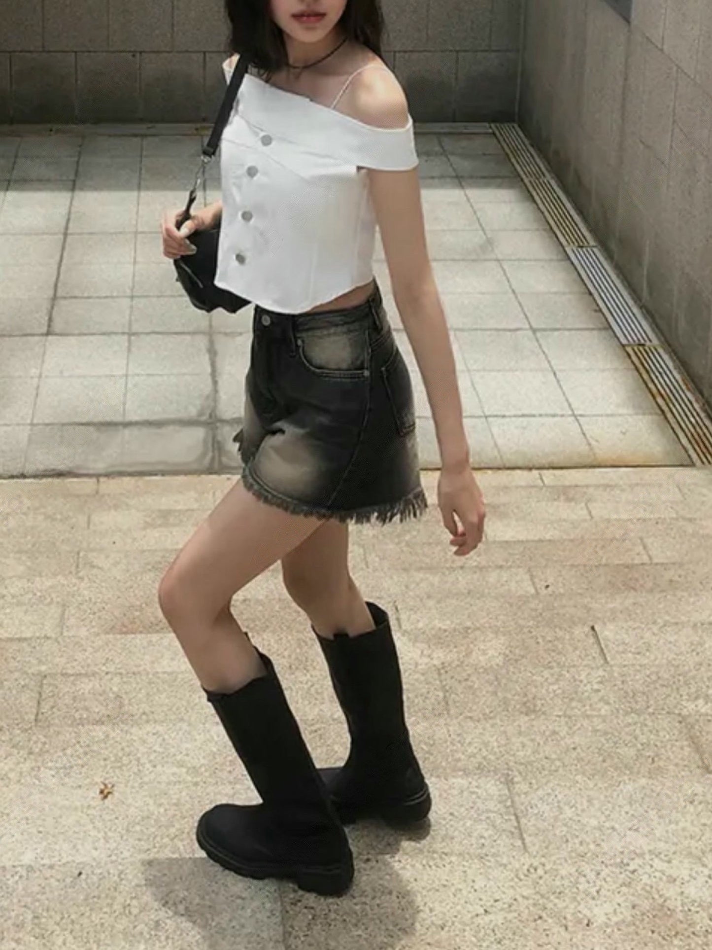 洗水高腰流蘇邊短褲