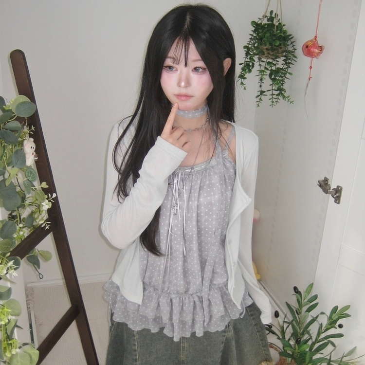 波點莎莎綁帶背心+外套Set