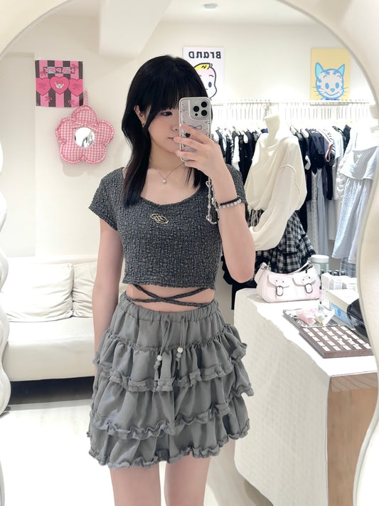 鹽系girls🐈‍⬛交叉露腰配短裙套裝