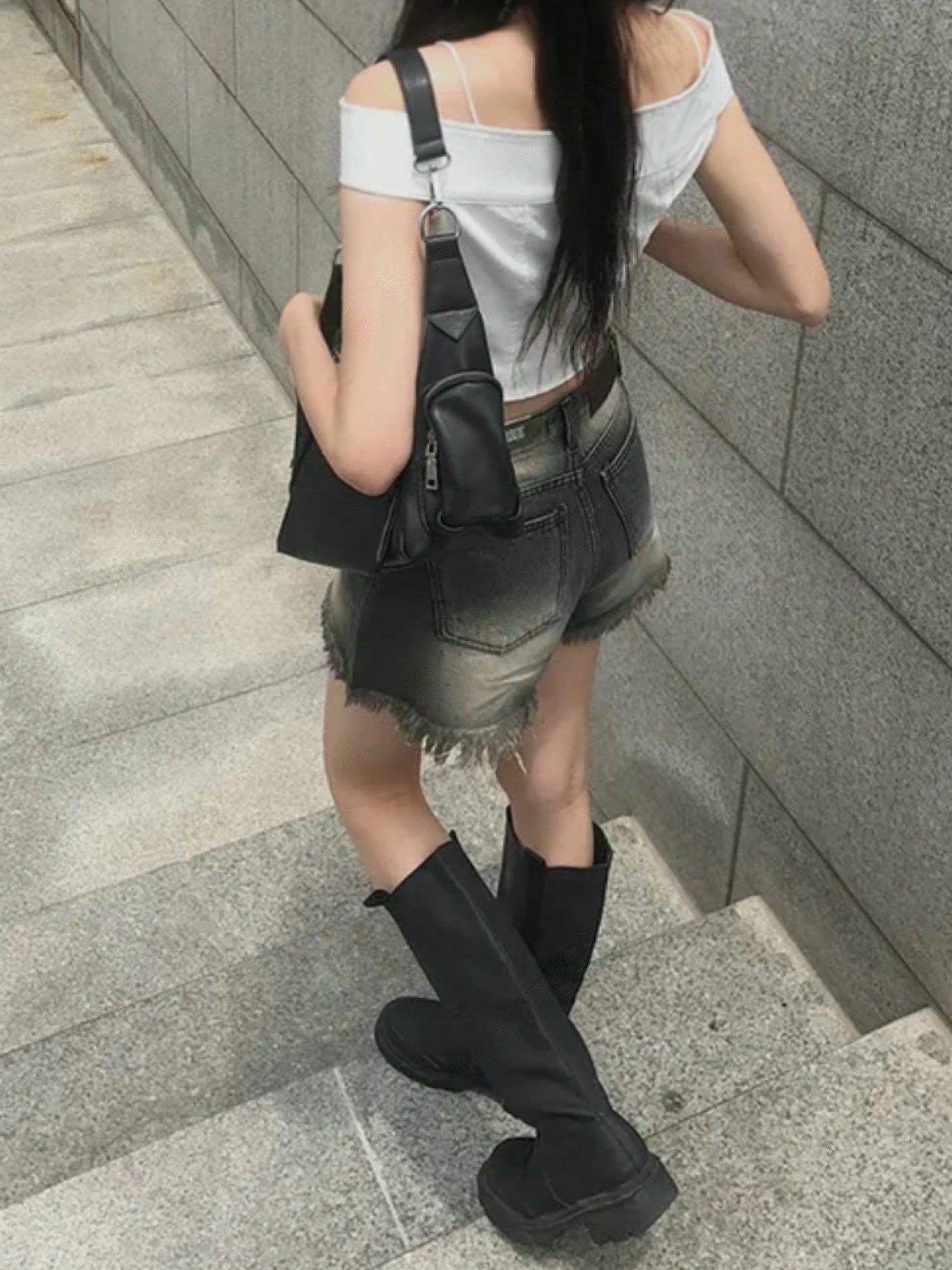 洗水高腰流蘇邊短褲