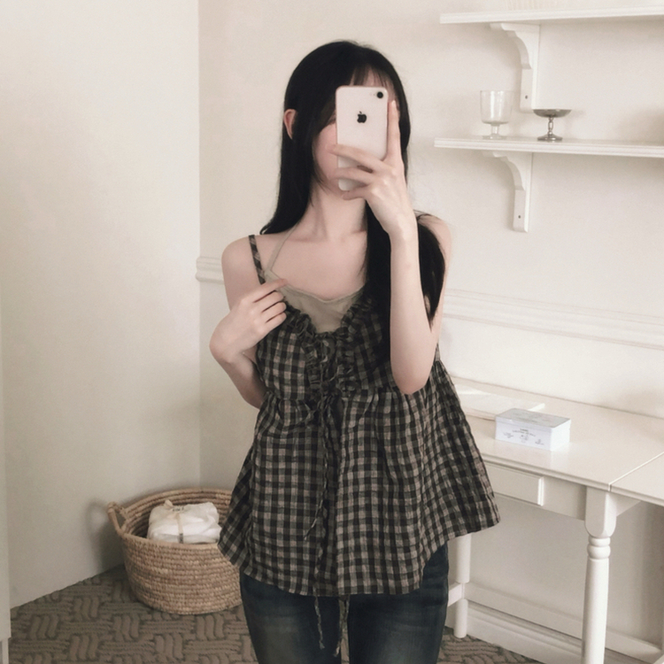 兩件式格仔綁帶背心