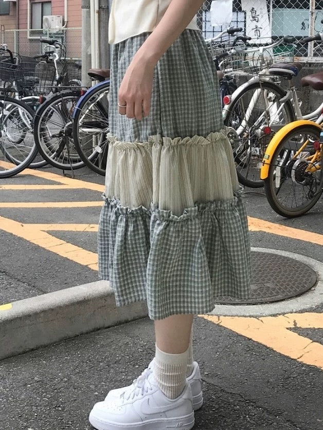 格紋拼接橡筋腰半裙