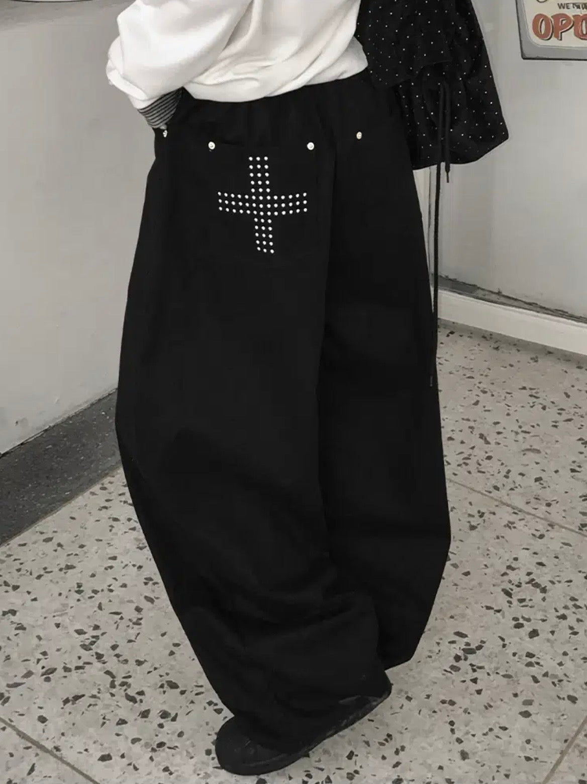 型格十字架鉚釘闊腳褲