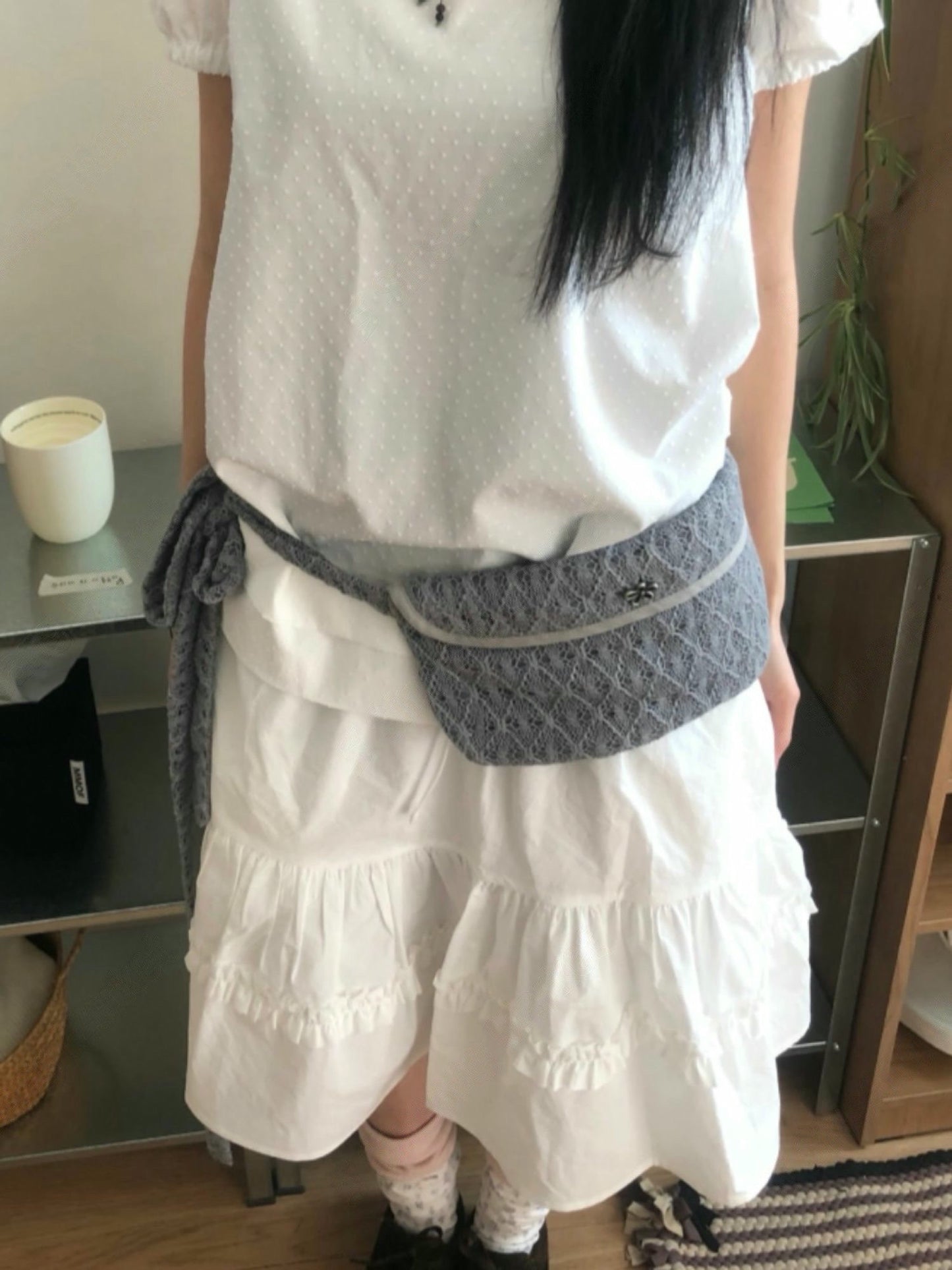 長度可調整!蕾絲花花扣袋仔