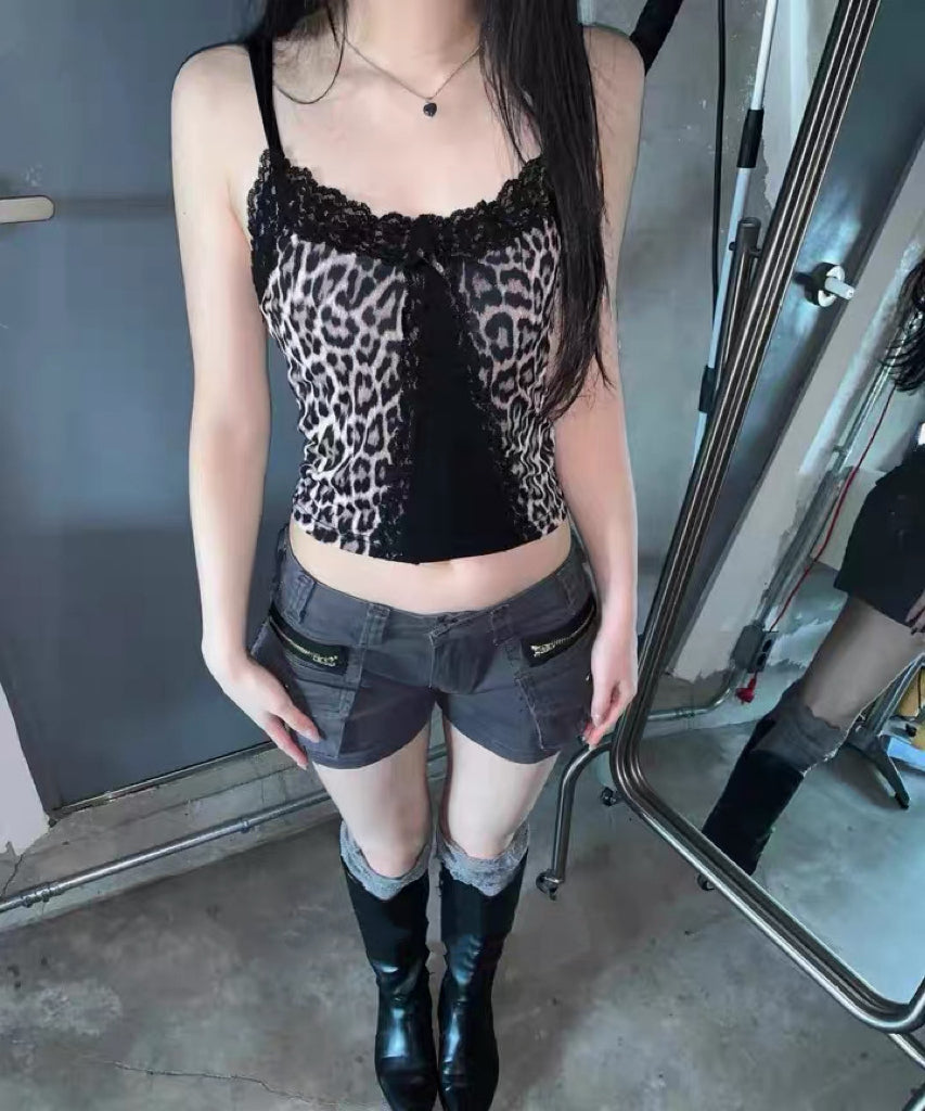 豹紋接拼蕾絲邊背心