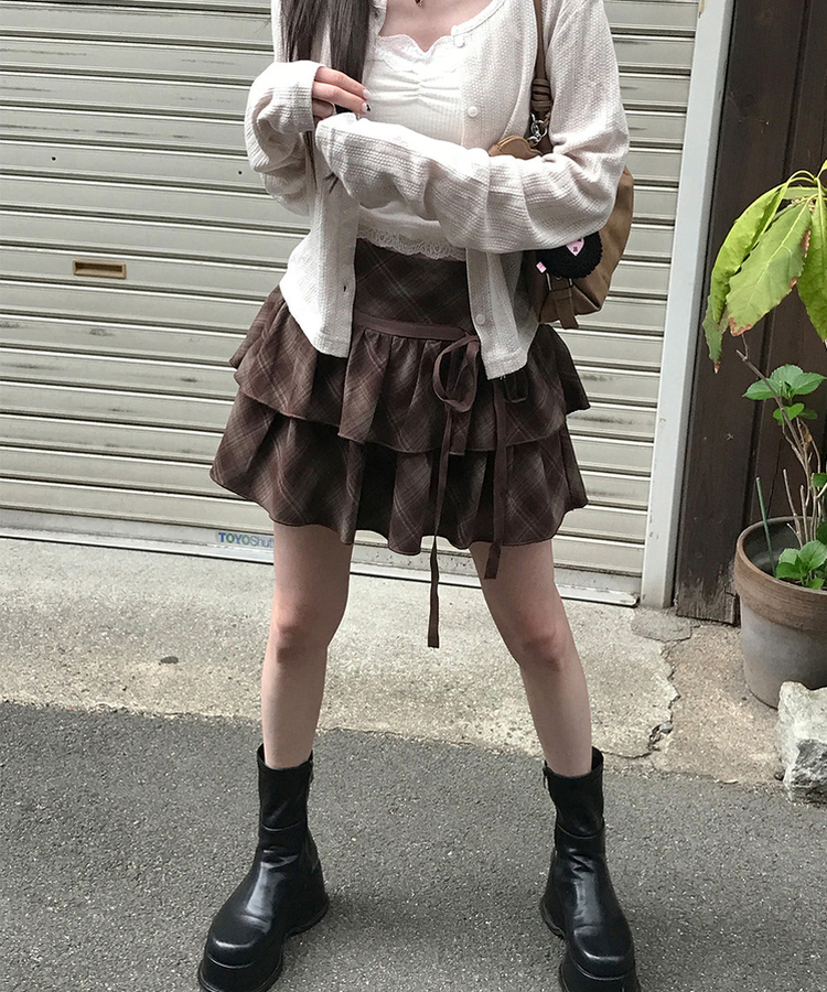 拼色菱格蝴蝶結蛋糕短裙