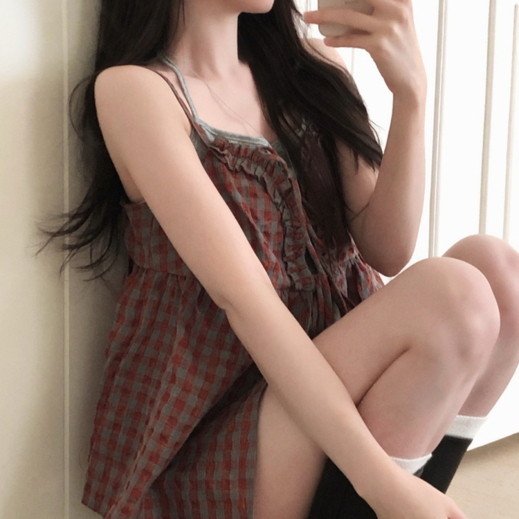 兩件式格仔綁帶背心