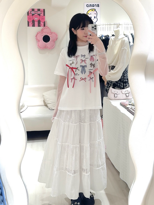 蝴蝶結Tee+絕美蕾絲拼接裙套裝