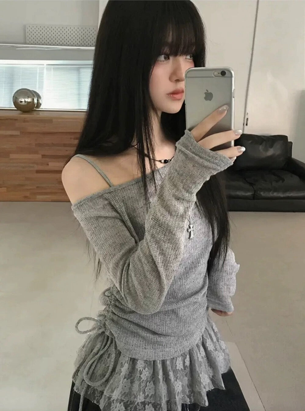 蕾絲小背心+側抽繩上衣Set