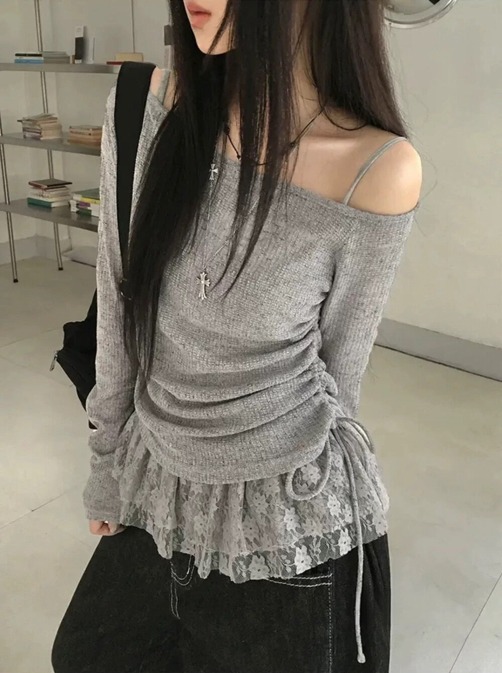 蕾絲小背心+側抽繩上衣Set