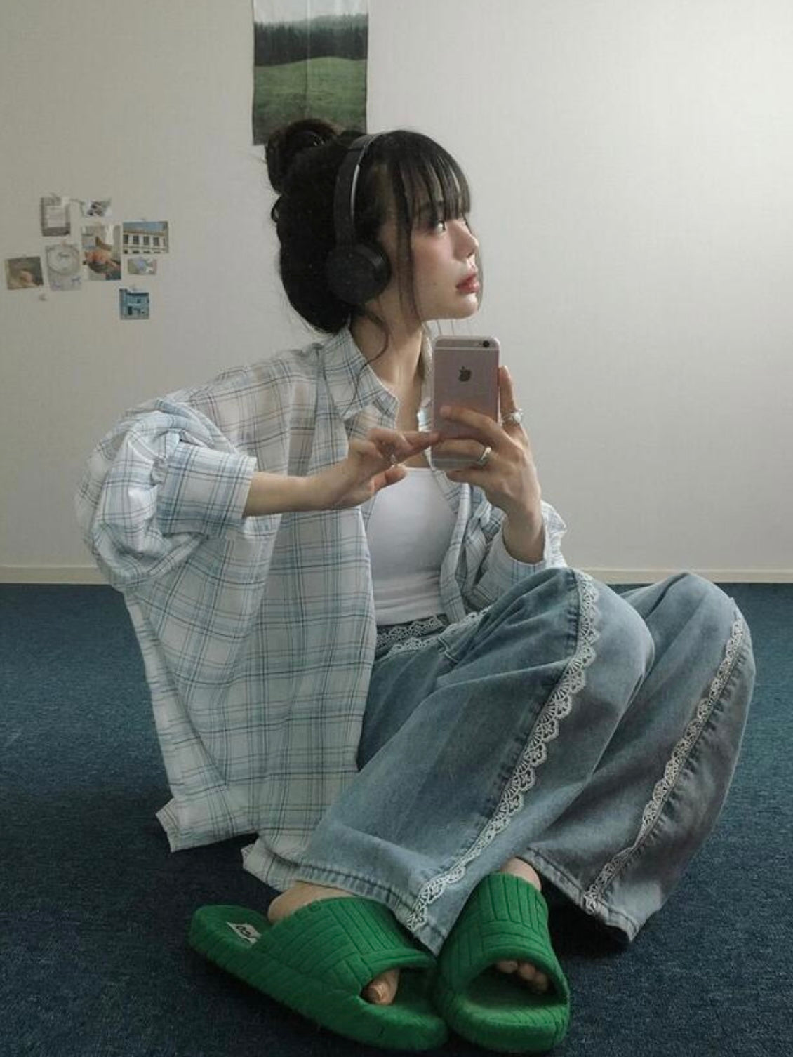 韓網新品🇰🇷蕾絲邊闊腳牛仔褲