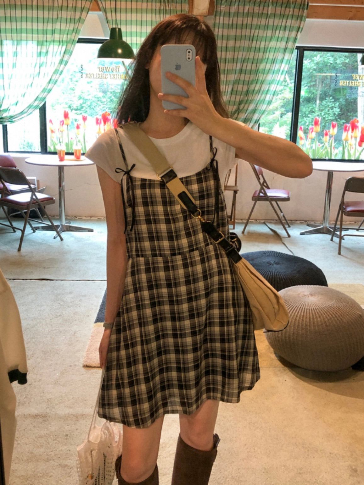 Ribbon plaid mini dress