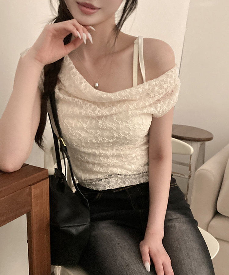 蕾絲皺摺上衣+小背心Set