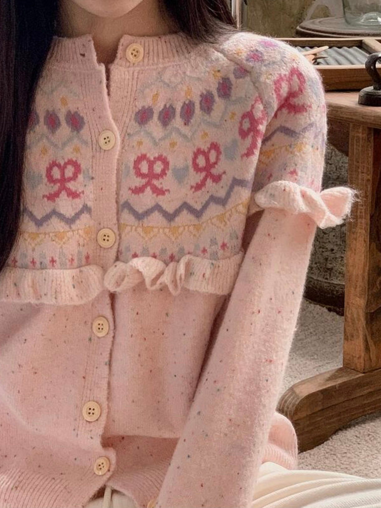 Frill ribbon nordic cardigan