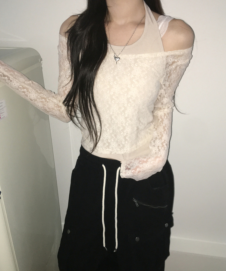 假兩件掛頸蕾絲上衣